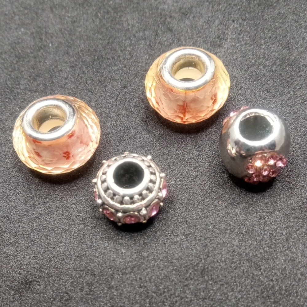 Set Of 4 Silver and Pink Charm Beads